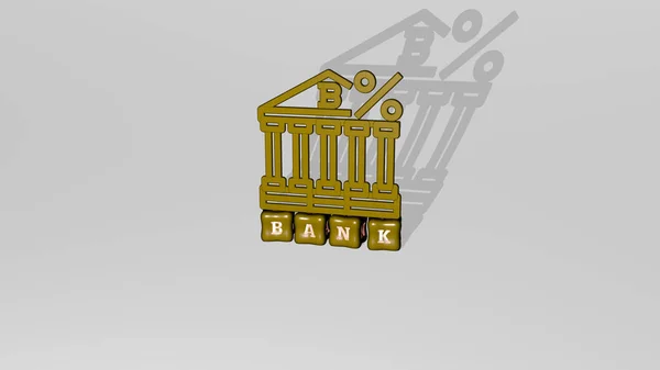 从顶部看 Bank的3D图形图像与用金属立方体字母构建的文本垂直地结合在一起 非常适合于概念演示和滑行 业务和说明 — 图库照片