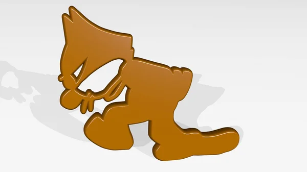 CARTOON CAT made by 3D illustration of a shiny metallic sculpture with the shadow on light background. character and cute