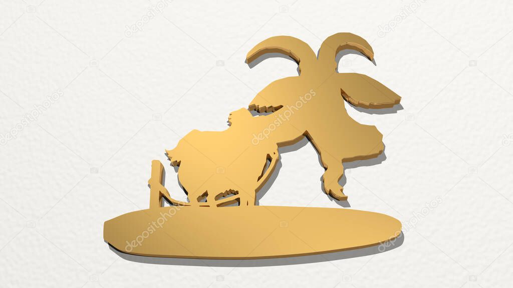 goat on the wall. 3D illustration of metallic sculpture over a white background with mild texture. animal and farm