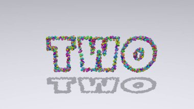 Beyaz arkaplan ve eşleşen gölge üzerinde küçük nesnelerle iki metin renkli 3D yazma