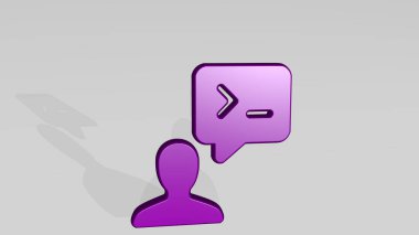 Kullanıcı sohbeti gölge ile programlanıyor. Metalik heykelin beyaz arka planda, yumuşak desenli üç boyutlu çizimi. kod ve bilgisayar