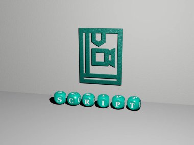 ScRIPT grafiklerinin 3 boyutlu çizimi ve konsept ve sunumların ilgili anlamları için metalik zar harfleri tarafından yapılan metin. arkaplan ve hat bilgisi