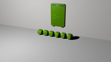 Konsept ve sunumların ilgili anlamları için metalik zar harflerinin oluşturduğu 3 boyutlu dolap grafikleri ve metnin çizimi. Çizgi film ve yemek