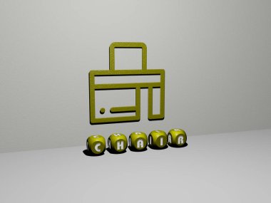 Duvarında simge ve ayna zemininde metalik kübik harflerle konsept ve slayt gösterisi sunumu için düzenlenmiş 3 boyutlu Sandalye temsili. Resim ve arkaplan