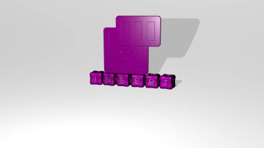 INSERT grafiklerinin 3 boyutlu çizimi ve konsept ve sunumların ilgili anlamları için metalik zar harfleri tarafından yapılan metin. arkaplan ve tasarım