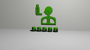 Dikey olarak spreyin 3 boyutlu grafiksel görüntüsü ve üst perspektiften metalik kübik harflerle oluşturulan metinler, konsept sunum ve slayt gösterileri için mükemmel. arkaplan ve resimleme