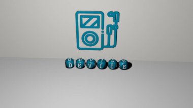 DEVICE 'ın dikey olarak üç boyutlu grafiksel görüntüsü, üst perspektiften metalik kübik harflerle oluşturulan metinlerle birlikte, konsept sunumu ve slayt gösterileri için mükemmel. Resim ve arkaplan