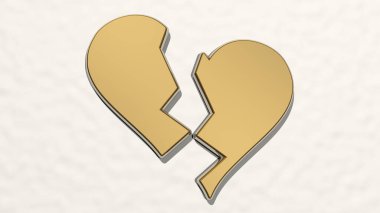 Kırık kalp, parlak arkaplanı olan parlak metalik bir heykelin 3 boyutlu bir çizimiyle yapılmış. Eski ve terk edilmiş