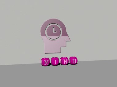 Zihnin üç boyutlu grafik görüntüsü, üst perspektiften metalik kübik harflerle oluşturulan metinlerle birlikte, konsept sunumu ve slayt gösterileri için mükemmel. resimleme ve beyin