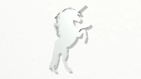 Unicorn Der Wand Illustration Einer Metallischen Skulptur Auf Weißem Hintergrund — Stockfoto