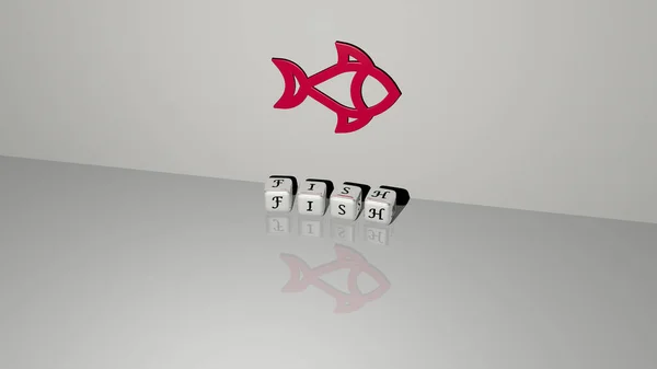 Fish的3D表示 其图标在墙上 文本用金属立方体字母排列在镜面 用于概念意义和幻灯片演示 图解和背景 — 图库照片