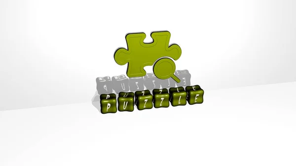Представление Puzzle Иконкой Стене Текстом Упорядоченным Металлическими Кубическими Буквами Зеркальном — стоковое фото