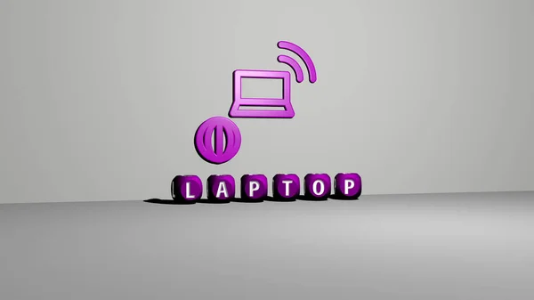3D graphical image of LAPTOP vertically along with text built by metallic cubic letters from the top perspective, excellent for the concept presentation and slideshows. computer and business