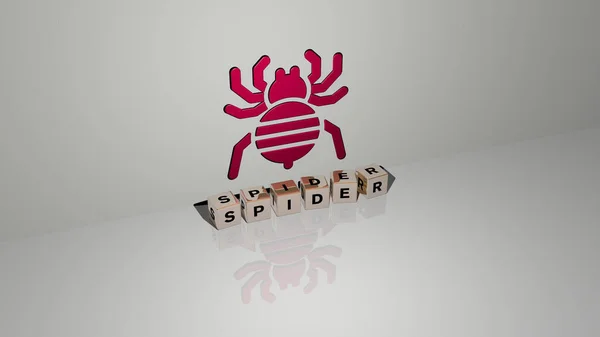 Graficzny Obraz Spider Pionowo Wraz Tekstem Zbudowanym Metalicznymi Literami Sześciennymi — Zdjęcie stockowe