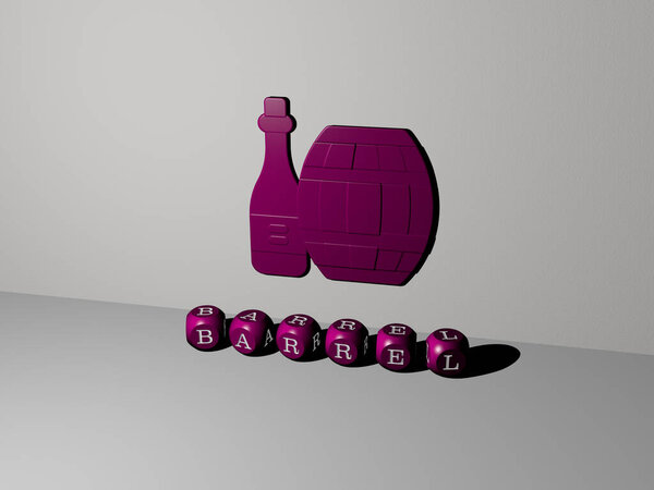 3D illustration of BARREL graphics and text made by metallic dice letters for the related meanings of the concept and presentations. background and black