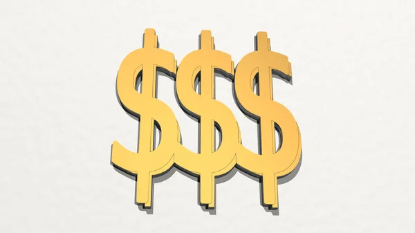 Dolarová Značka Peníze Vyrobená Ilustrací Lesklé Kovové Sochy Stěně Světlým — Stock fotografie