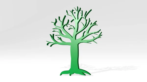Árvore Ficar Com Sombra Ilustração Escultura Metálica Sobre Fundo Branco — Fotografia de Stock
