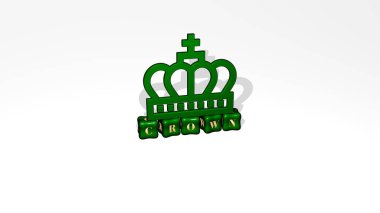 Konsept ve sunumların ilgili anlamları için metalik zar harflerinin oluşturduğu CROWN grafikleri ve metinlerinin 3 boyutlu illüstrasyonu. arkaplan ve tasarım