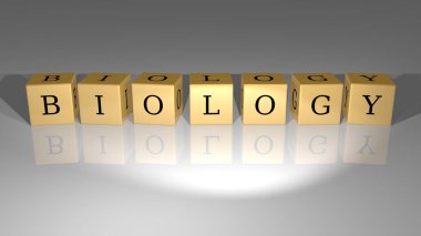Biyolojinin dikey olarak 3D grafiksel görüntüsü, üst perspektiften metalik kübik harflerle oluşturulan metinlerle birlikte, konsept sunumu ve slayt gösterileri için mükemmel. Resim ve arkaplan