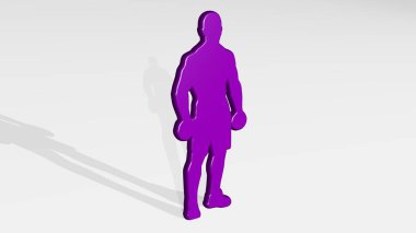 Atletik adam gölgeyle ayakta duruyor. Metalik heykelin beyaz arka planda, yumuşak desenli üç boyutlu çizimi. atlet ve aktif