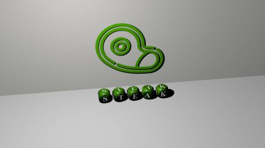 Bifteğin dikey olarak üç boyutlu grafiksel görüntüsü ve üst perspektiften metalik kübik harflerle yapılmış metinler, konsept sunumu ve slayt gösterileri için mükemmel. et ve et