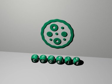 Kurabiyenin dikey olarak üç boyutlu grafiksel görüntüsü ve üst perspektiften metalik kübik harflerle oluşturulan metinler, konsept sunumu ve slayt gösterileri için mükemmel. arkaplan ve pasta