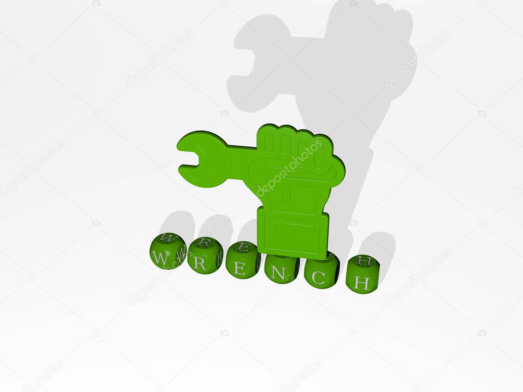 3D representation of wrench with icon on the wall and text arranged by metallic cubic letters on a mirror floor for concept meaning and slideshow presentation. illustration and background