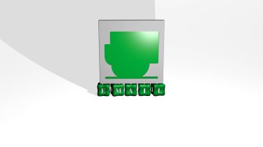 EMAIL 'in 3D grafik resmi, üst perspektiften metalik kübik harflerle oluşturulan metinlerle birlikte, konsept sunum ve slayt gösterileri için mükemmel. resimleme ve iş