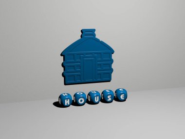 HOUSE 'un duvarında simge ve ayna zemininde metalik kübik harflerle konsept ve slayt gösterisi sunumu için düzenlenmiş üç boyutlu temsili. yapı ve mimari