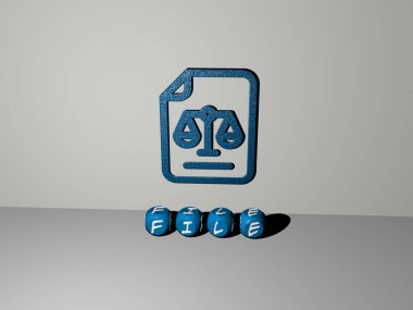 Konsept ve sunumların ilgili anlamları için metal zar harflerinin oluşturduğu dosya grafikleri ve metinlerin 3D çizimi. simge ve arkaplan