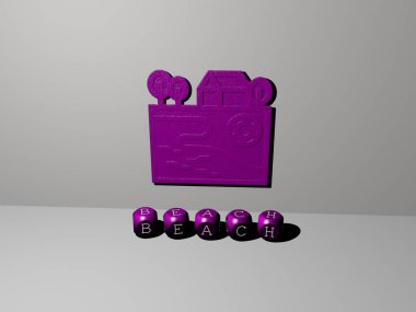 Duvarında ikon olan plajın 3 boyutlu temsili ve ayna zemininde kavram ve slayt gösterisi sunumu için metalik kübik harflerle düzenlenmiş metin. mavi ve güzel