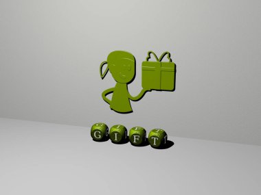 GIFT grafiklerinin 3 boyutlu çizimi ve konsept ve sunumların ilgili anlamları için metalik zar harfleri tarafından yapılan metin. arkaplan ve Noel