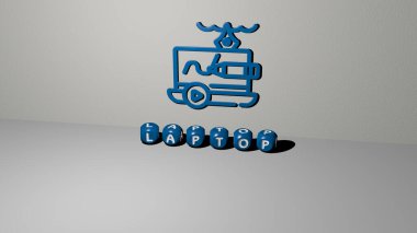 Duvarında simge olan dizüstü bilgisayarın 3 boyutlu temsili ve ayna zemininde konsept ve slayt gösterisi sunumu için metalik kübik harflerle düzenlenmiş metin. bilgisayar ve iş