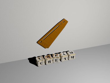 Konsept ve sunumların ilgili anlamları için metalik zar harflerinin oluşturduğu üç boyutlu grafikler ve metinler. arkaplan ve beyaz