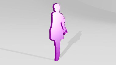 Gölgeli perspektiften bakan bir kız. Üç boyutlu metalik malzemelerden yapılmış kalın bir heykel. güzel ve arka plan