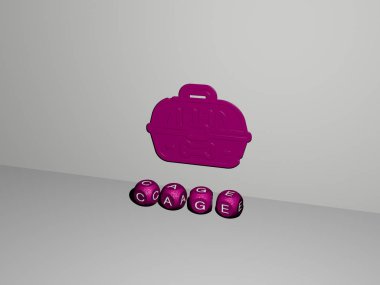 CAGE 'nin dikey olarak 3D grafiksel görüntüsü, üst perspektiften metalik kübik harflerle oluşturulan metinlerle birlikte, konsept sunumu ve slayt gösterimi için mükemmel. arkaplan ve resimleme