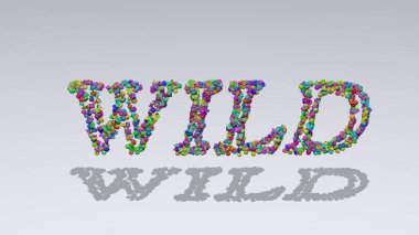 vahşi: gölgeli beyaz arkaplan üzerinde küçük nesnelerden yapılmış metnin üç boyutlu çizimi. hayvan ve doğa