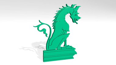 DRAGON 'un gölgeye bakış açısı. Üç boyutlu metalik malzemelerden yapılmış kalın bir heykel. Resim ve arkaplan
