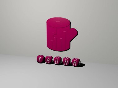 Duvarında simge olan ve ayna zemininde metal kübik harflerle konsept ve slayt gösterisi sunumu için düzenlenmiş 3 boyutlu bir sandık tasviri. ağaç ve arkaplan