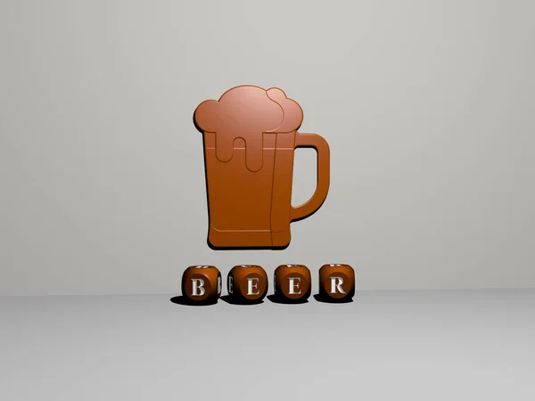 3D representation of beer with icon on the wall and text arranged by metallic cubic letters on a mirror floor for concept meaning and slideshow presentation. illustration and alcohol