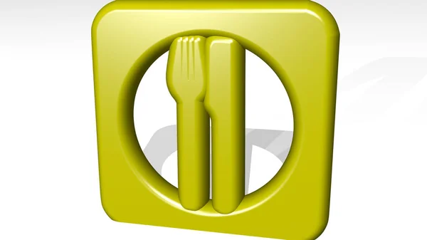 stock image fork and knife on a plate from a perspective with the shadow. A thick sculpture made of metallic materials of 3D rendering. background and food