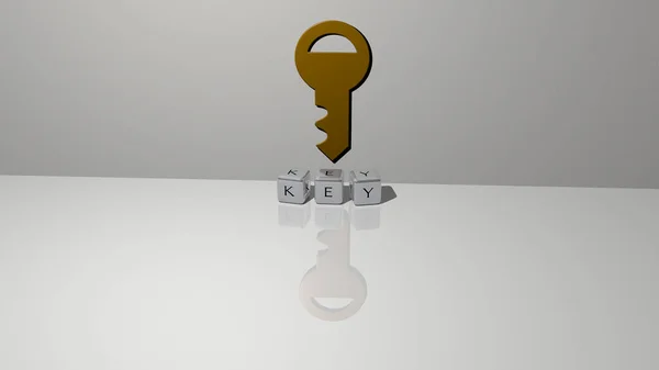 Graficzny Obraz Key Pionowo Wraz Tekstem Budowanym Metalicznymi Literami Sześciennymi — Zdjęcie stockowe
