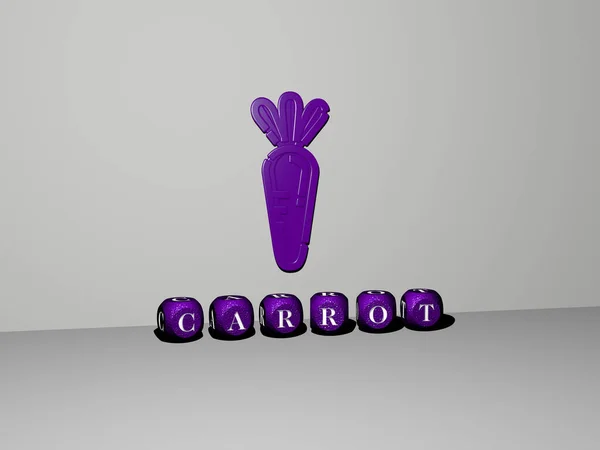 3D graphical image of CARROT vertically along with text built by metallic cubic letters from the top perspective, excellent for the concept presentation and slideshows. background and food