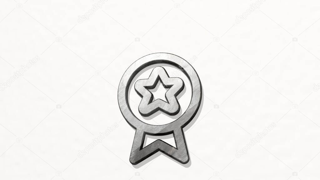Award ribbon star made by 3D illustration of a shiny metallic sculpture on a wall with light background. design and icon