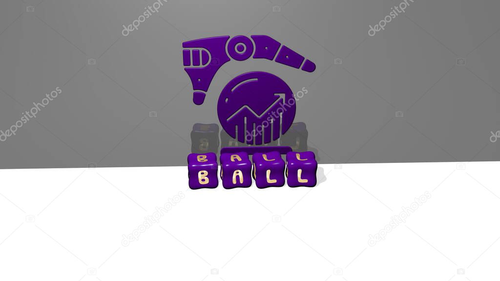 3D graphical image of ball vertically along with text built by metallic cubic letters from the top perspective, excellent for the concept presentation and slideshows. illustration and background