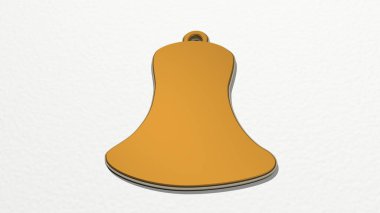 Duvarda çan var. Metalik heykelin beyaz arka planda, yumuşak desenli üç boyutlu çizimi. Kilise ve mimari