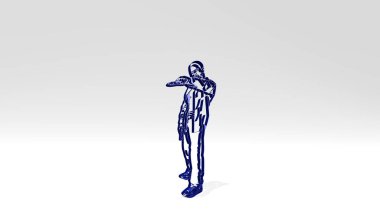 Silahı olan bir adam, parlak arkaplanlı parlak metalik bir heykelin 3 boyutlu çizimiyle yapılmış. Ordu ve siyah