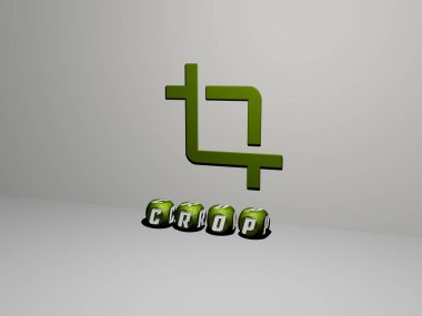 CROP 'un duvarında simge ve ayna zemininde metal kübik harflerle konsept ve slayt gösterisi sunumu için düzenlenmiş 3 boyutlu temsili. tarım ve geçmiş