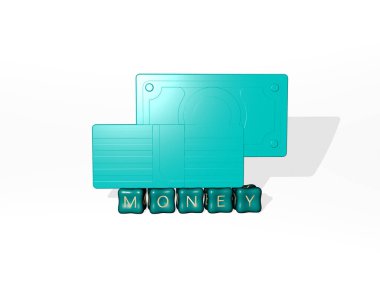 Para grafiklerinin 3 boyutlu çizimi ve konsept ve sunumların ilgili anlamları için metalik zar harflerinin oluşturduğu metin. iş ve arkaplan