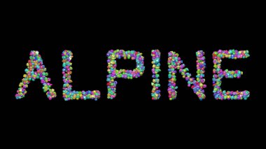 Koyu bir arkaplan ve eşleşen gölgenin üzerinde küçük nesneler bulunan üç boyutlu ALPINE yazıları. Alpler ve dağ